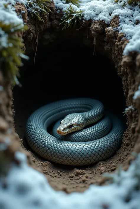 A snake sleeping in a hole under the ground in winter