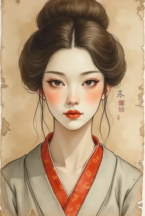 Watercolor、Old paper texture、Damaged Paper、Old style、Faded color、Courtesan of Edo、Facing forward、Close-up of face、Thick Fog、composition、Golden Ratio、Functional、grace、detail、background、Soft colors、Blurred Lines、Brown Hair