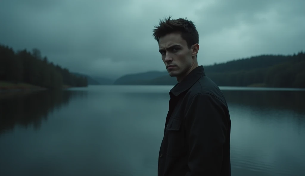 A close-up of the same young man standing by the edge of the lake, his face tense and eyes narrowed with suspicion. His posture is rigid, hands in his pockets, as he stares out at the water, which is dark and calm under overcast skies. The scene is shadowy...