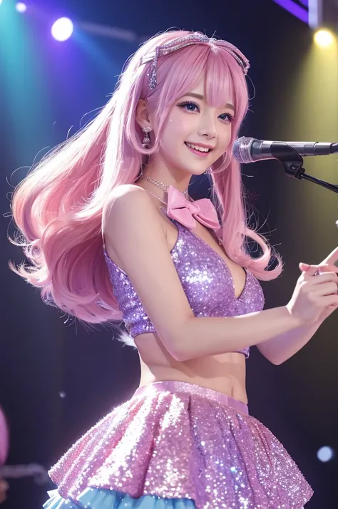 8k, RAW photo, best quality, masterpiece:1.2), (realistic, photo-realistic:1.4), (extremely detailed 8k wallpaper),A super cute idol girl with long, pastel pink hair styled into voluminous twin tails, her big sparkling blue eyes shining with energy and exc...