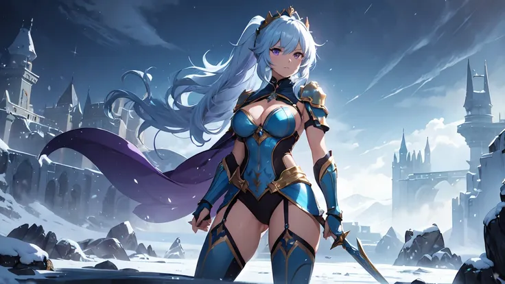 female, bulging breasts, cleavage, warrior, light blue metalic armour with deep ((plunge neckline)) exposing breasts and cleavage, very fine golden glowing decals on the armour, wearing a small golden warrior crown, long wavy messy hair in a ponytail, hold...