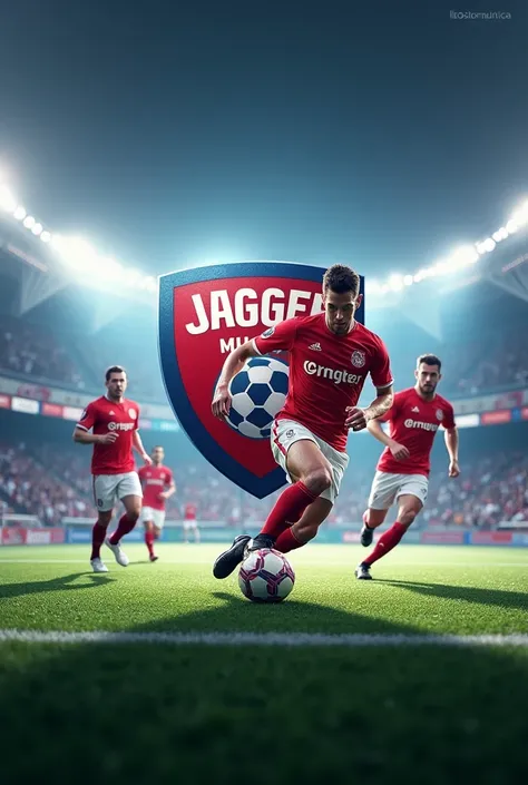 Make me a picture of indoor soccer but with the name Jagger Munich as a shield