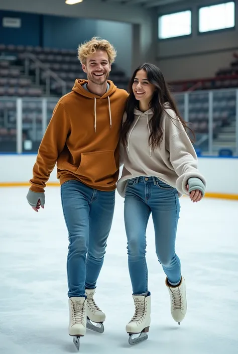 couple wear pant and goes to ice skating rink indor/ Blond guy and brunnette girl