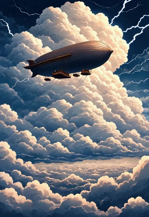 An airship moving through a sea of clouds in the distance ，depression，Lightning Storm，There is a sea of clouds。，cloudy，Textured clouds