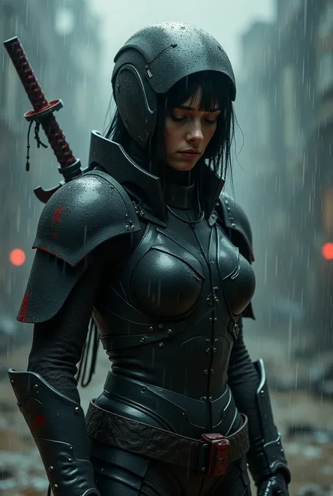 Woman with a katana in blood, sad face, wear a helmet, open visor, black armor, Cyberpunk, heavy rain, 