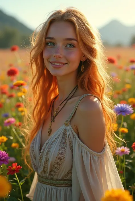 A beautiful girl with blue green eyes, golden redhead with long wavy hair, with a smile on his lips, wearing a bohemian dress, in the middle of a field of flowers of all colors on a sunny background 