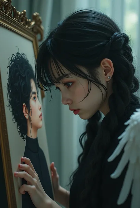 A girl with finely braided black hair, black eyes, with wings crying looking at a picture of a boy with curly black hair dressed in black 