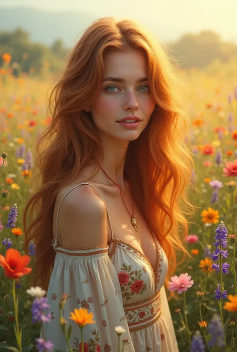 A drawing of a beautiful girl with blue green eyes, golden redhead with long wavy hair, with a smile on his lips, wearing a bohemian dress, in the middle of a field of flowers of all colors on a sunny background 