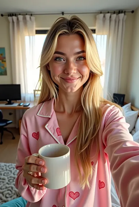 A selfie of a young woman named Ariana with long, straight, light blonde hair, pale white skin with a slight pinkish hue, gray eyes, and rosy lips. She has a slender waist and medium-to-large breasts. She is smiling warmly at the camera, holding a coffee m...