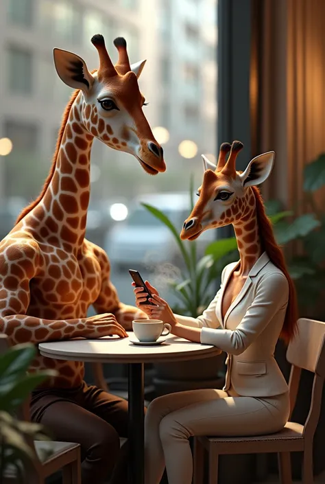 Giraffe Couple at a Coffee Shop
A tall, muscular giraffe and his stylish girlfriend sit at a trendy coffee shop. The giraffe sips a latte while flexing his long neck muscles, and his girlfriend, dressed in a chic outfit, scrolls through her phone.