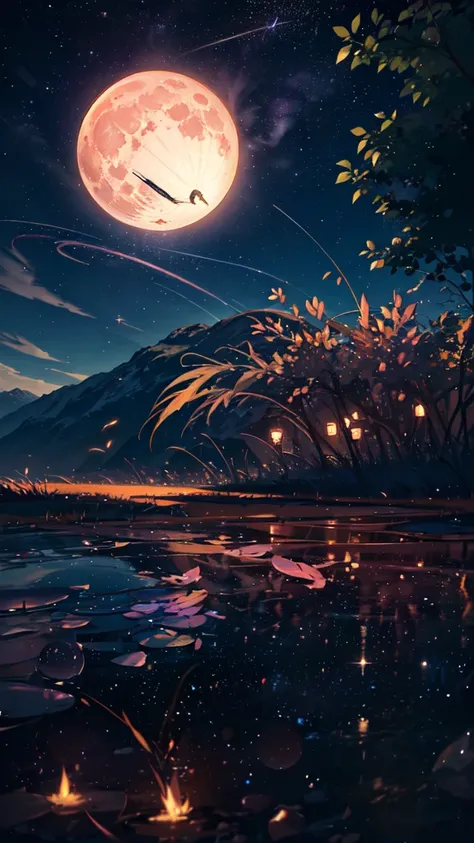 expansive landscape photograph , (a view from below that shows sky above and open field below), a girl standing on flower field looking up, (full moon:1.2), ( shooting stars:0.9), (nebula:1.3), distant mountain, tree BREAK
production art, (warm light sourc...