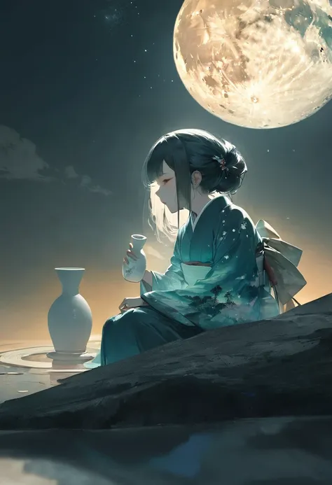 (masterpiece, best quality),(double exposure: 1.5), subtle colors, post-grunge, concept art, paint splatters, intricate details. trends in art station, detailed depiction,(Kaguyahime drinking sake at Tokkuri,sitting on moon surface with rabbits), Japanese ...