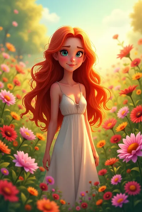 A beautiful girl with blue green eyes, golden redhead with long wavy hair, with a smile on his lips, wearing a bohemian dress, au milieux dun champ de fleurs de toute les couleurs sur un fond ensoleillé en mode dessin animé 