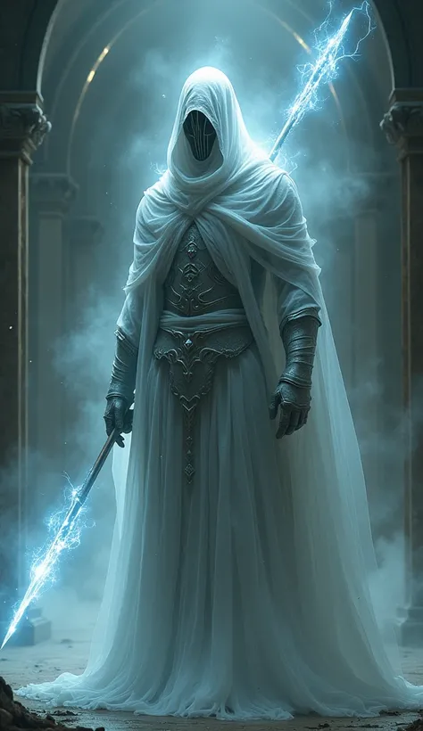 a phantom warden in ceremonial silver armor, translucent body with flickering ethereal details, covered expressionless mask face, carrying spectral dark energy spear, mist-like trailing cape, phasing through solid objects, between life and death, highly de...