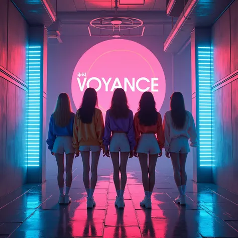 Im looking for a K-Pop album cover for my groups debut. Were a kpop girlgroup named Voyance and our concept is about Five best friends, driven by their dream of becoming idols, attempt a Halloween audition. They wake up to find themselves in the future… as...