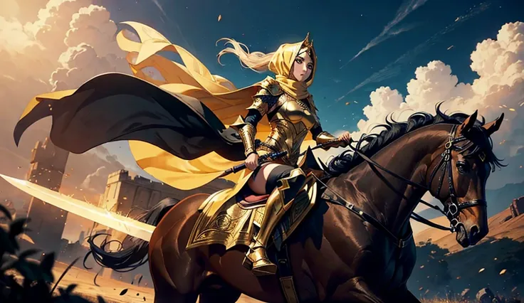 A female warrior in a long hijab with golden armor and a long sword is on a running black horse, her face serious and staring forward. wide angle. Chaotic terrain in the background.