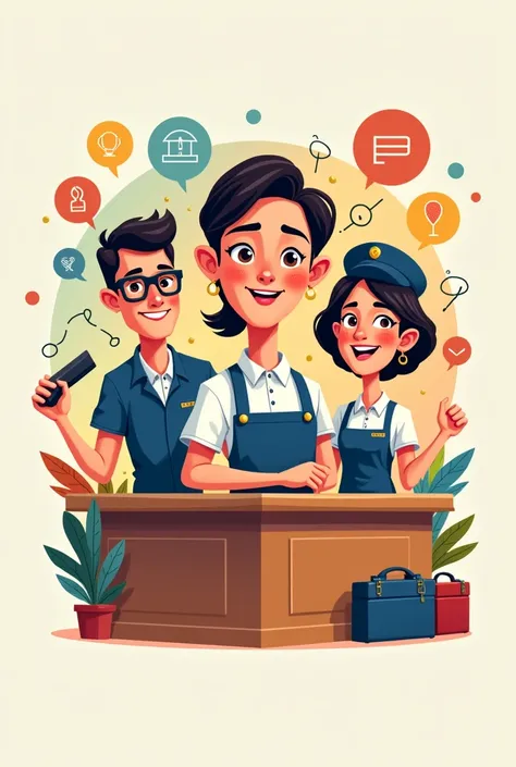 Receptionist in front desk, bell boy, concierge and housekeeper collage logo and other elements related to operational management in cartoons style 