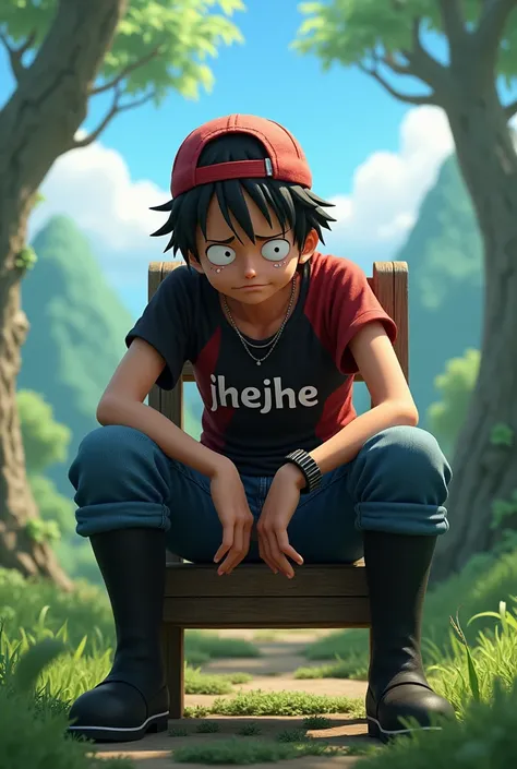 3D anime Luffy crouching down crying facing upwards wearing a backwards besbal hat wearing a red and black shirt with the words " Jhejhe " long pants jeans long black boots sitting on a worn wooden chair beautiful view in the middle of the forest photo dis...