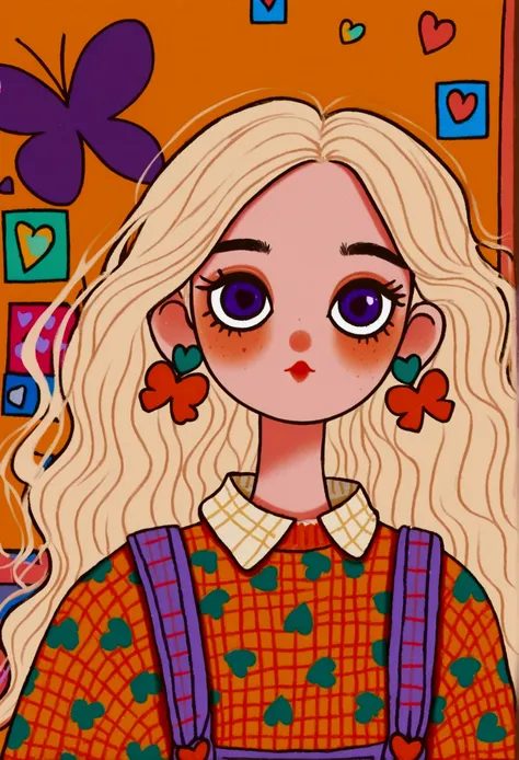 colorful cartoon girl with wide purple eyes, surprised expression, long wavy light hair, large orange bow with hearts, yellow turtleneck sweater, multi-patterned overalls, large geometric earrings, background with various colorful shapes, playful and quirk...