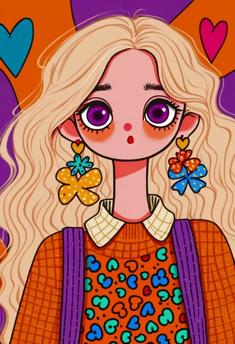 colorful cartoon girl with wide purple eyes, surprised expression, long wavy light hair, large orange bow with hearts, yellow turtleneck sweater, multi-patterned overalls, large geometric earrings, background with various colorful shapes, playful and quirk...