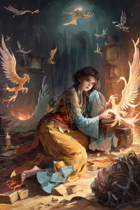 Make me a picture,with a phoenix a desolate woman,where he finds refuge with the phoenix,and around his room in pieces,In the middle of the darkness is the phoenix and the woman is surrounded by this sad woman ,let the image be close up,the woman with upda...