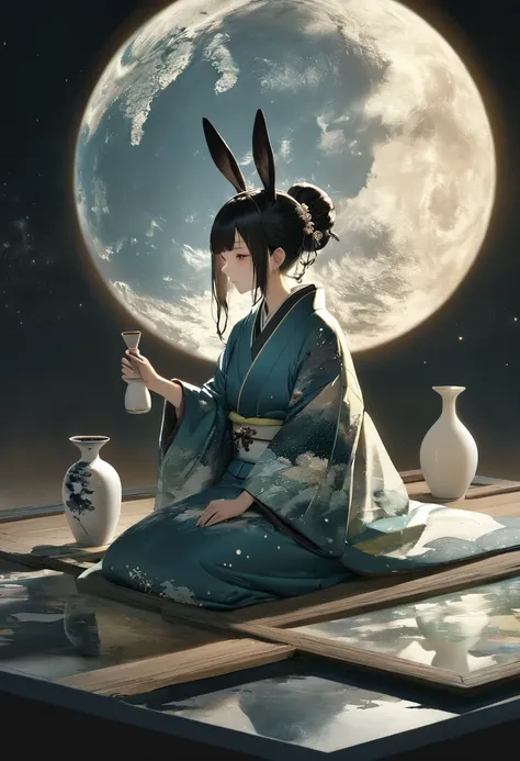 (masterpiece, best quality),(double exposure: 1.5), subtle colors, post-grunge, concept art, paint splatters, intricate details. trends in art station, detailed depiction,(Kaguyahime drinking sake at Tokkuri,sitting on moon surface with rabbits), Japanese ...