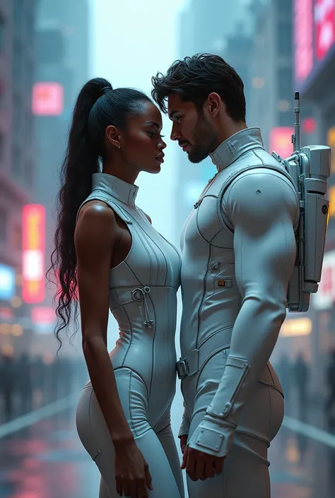 (futuristic cyberpunk woman, 1 man, full body white costume, black hair, brown skin, handsome facial features, highly detailed, photorealistic, 8k, award-winning, intricate details, volumetric lighting, dramatic shadows, cinematic, hyper-realistic, digital...