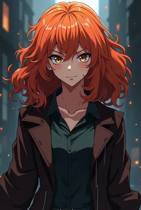 Make a female anime character with curly orange hair, with brown eyes , she is a villain, then put on a mean expression and no glasses,