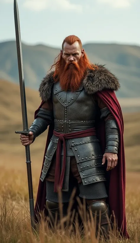 Ivar is a Viking warrior wielding his longsword in a fighting stance , he is in a Russian steppe , he wears light choir armor and a historic Viking helmet,  has a red beard characteristic of the Vikings,  long red hair , a scar near the left eye that remai...