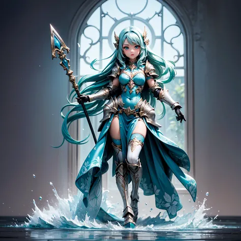 (((masterpiece, best quality, high detailed, 16k))) (1girl) A serenely graceful goddess with long, flowing aqua blue hair and deep oceanic eyes. She wears an armor that mimics the movement of water, adorned with shells and seaweed. Her body flows like the ...