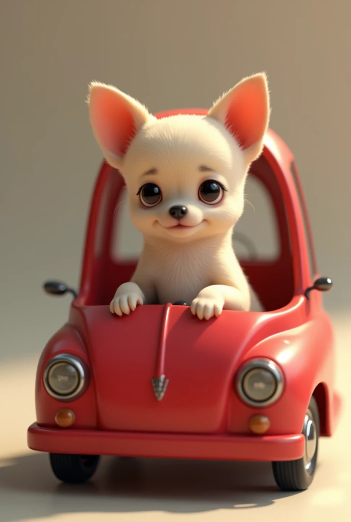 I would like to create a cuteness of a chihuahua dog in a red two-wheeled car.