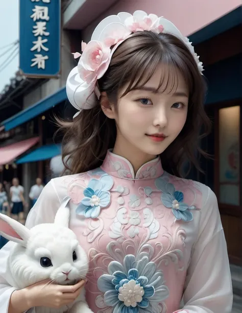 (a beautiful young taiwan girl and a gaint white  rabbit). the girl with delicate features, wearing a pink and white korean styl...