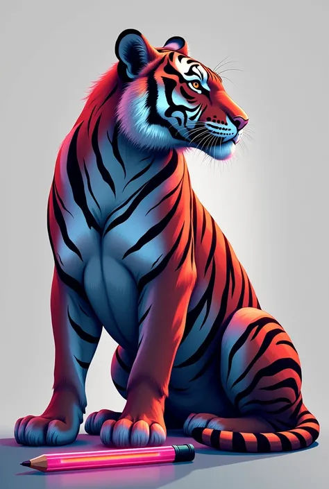 Vector illustration, modern, Sitting tiger looking to the right, majestic, picking up some colored pencils, in grayscale, but the neon colored pencils with neon effect