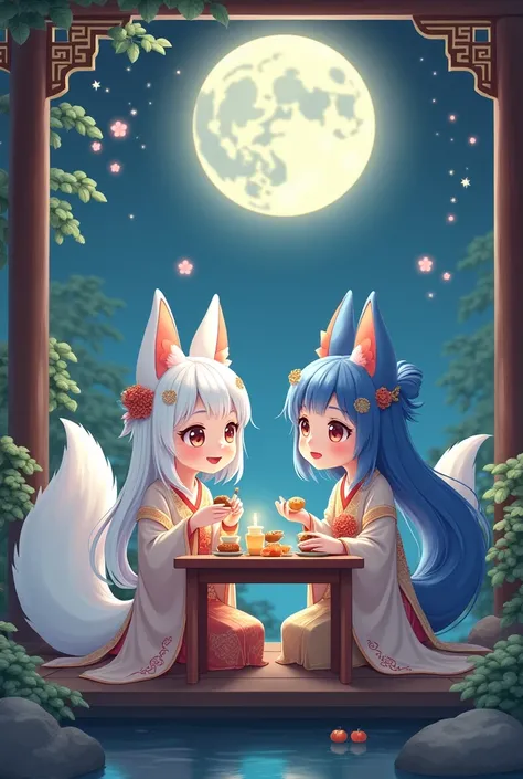 [Dark,garden,Pavilion,moon,Cute and lovely Chinese girl,White fur and cute fox ears,Cute fox tail with white fur,White long hair shawl,hair accessories,Wearing ancient Chinese Hanfu,Follow another cute dragon princess,Long blue hair,Dragon Horn,Wearing anc...