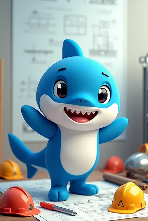 a mascot for a civil engineering company of a friendly and cute blue shark
