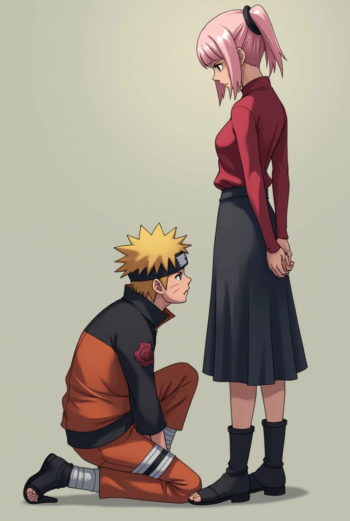 Make a Picture of Naruto uzumaki licking the Boots of sakura haruno in her normal Outfit from Naruto shippuden with her red top and black Boots 

Higher Boots and Naruto tied up 

