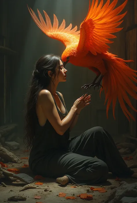 Make me a picture,with a phoenix a desolate woman,where he finds refuge with the phoenix,and around his room in pieces,In the middle of the darkness is the phoenix and the woman is surrounded by this sad woman ,let the image be close up,the woman with upda...