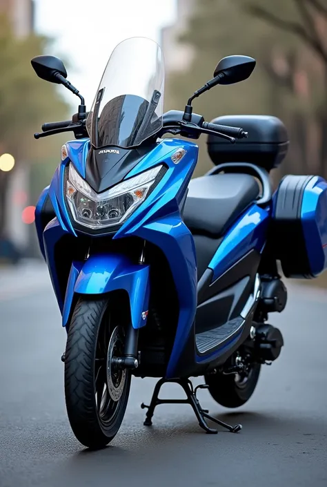 A blue Honda Ch160 motorcycle with all the possible accessories 