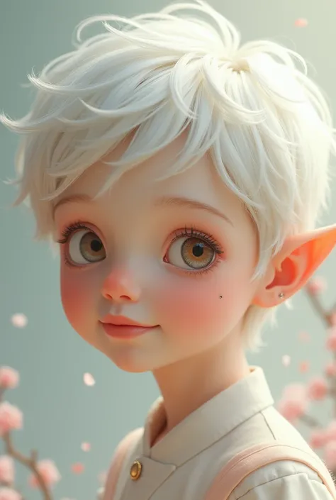 1 boy with cute face, poetic smile with peach blossom eyes, have a mole on the left under the corner of the eye, white hair can not hide white skin, petite body, 
