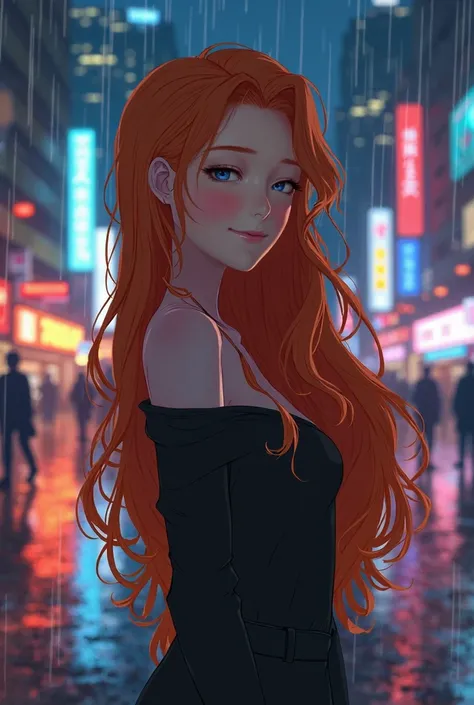 a beautiful young woman with long ginger hair smiling, closed eyes, standing in the rain, urban cityscape background at night, anime style, petite figure, elegant posture, colorful lights, atmospheric lighting, cinematic composition, vibrant colors, dreaml...