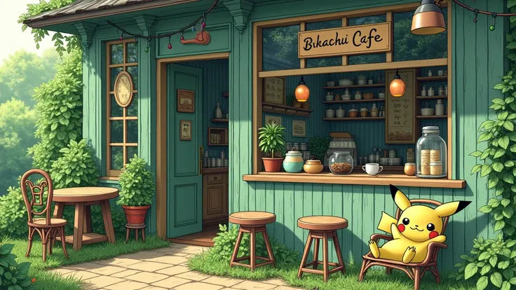 line-art painting of an coffee shop surrounded by green with the sign say "Bikachu Cafe", vibrant greeny color, glittering sunlight, detailed texture