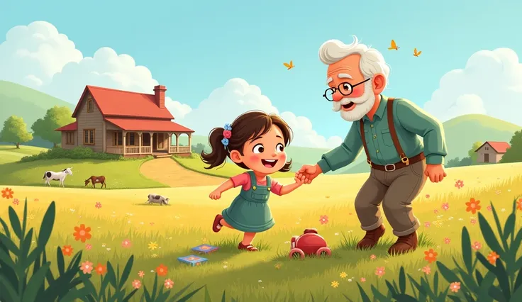 (2-d cartoon) a girl child, playing in the farm field, with her grandfather, living in a small house in a small nation in a farm