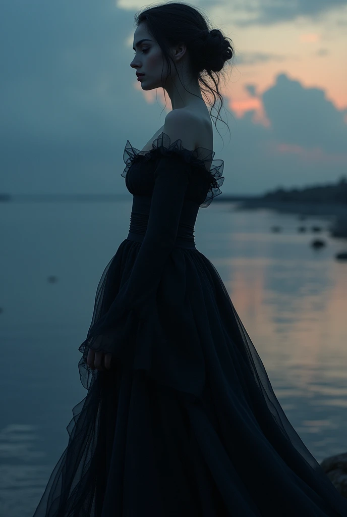 In the soft glow of twilight, she stands, a vision of grace and hidden strength. Her silhouette, draped in a flowing gown of midnight silk, whispers tales of elegance and mystery. Her eyes, veiled by a delicate, black mesh, hold a universe of untold storie...