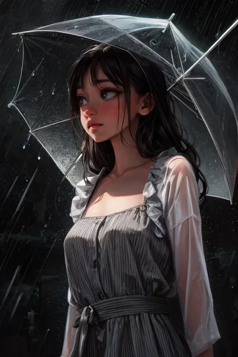 ultra-detailed, vibrant colors, soft natural lighting, fine art, bokeh effect. upper body, casual outfit, medium shot, big eyes, huge eyes, ((standing)), ((raining:1.4)), under the rain, ((gray colours:1.5)), ((at night)), ((dark atmosphere:1.5)), ((small ...