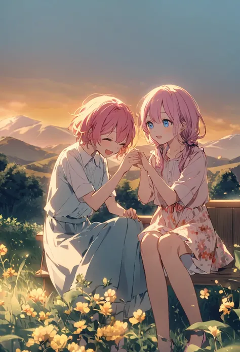 Under the sky dyed in the soft colors of the setting sun、A serene scene unfolds on the top of a windy hill. Girlとjuvenileが大きな, Sitting on a weathered wooden bench、Overlooking a lush valley. They are engrossed in conversation, Share smiles and laughter. Gir...