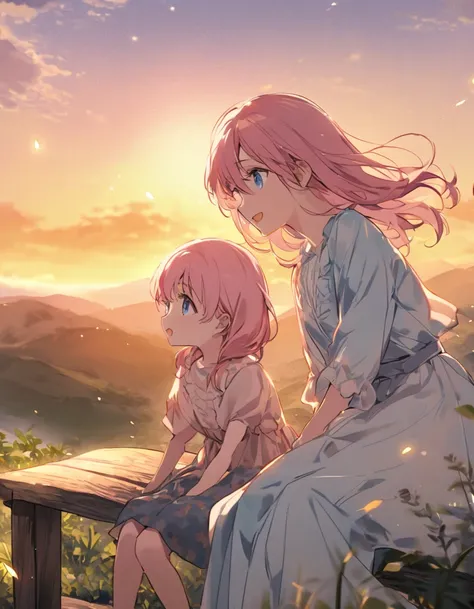 Under the sky dyed in the soft colors of the setting sun、A serene scene unfolds on the top of a windy hill. Girlとjuvenileが大きな, Sitting on a weathered wooden bench、Overlooking a lush valley. They are engrossed in conversation, Share smiles and laughter. Gir...