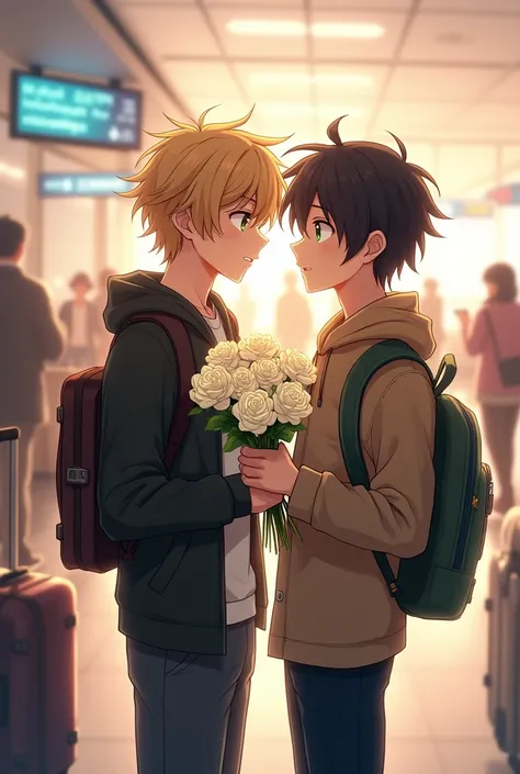 An 1 blond teenage boy with green eyes and slightly long hair, Ash linx, at the airport with Eiji Okomura, a 1 boy with black hair and dark eyes, holding a bouquet of white roses 