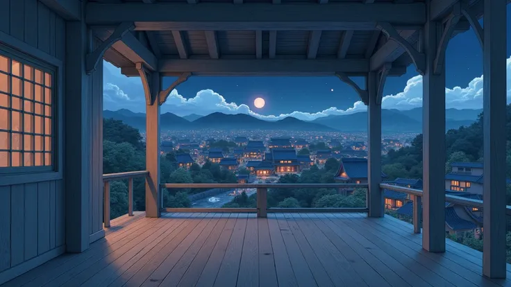 view of a chinese village at night from a wooden  porch; porch has some width; on the sky you can see planets in various colors; no people; In the style of Makoto Shinkai。master piece, ultra detail, precision, ultra-realistic, unreal engine render, anime a...