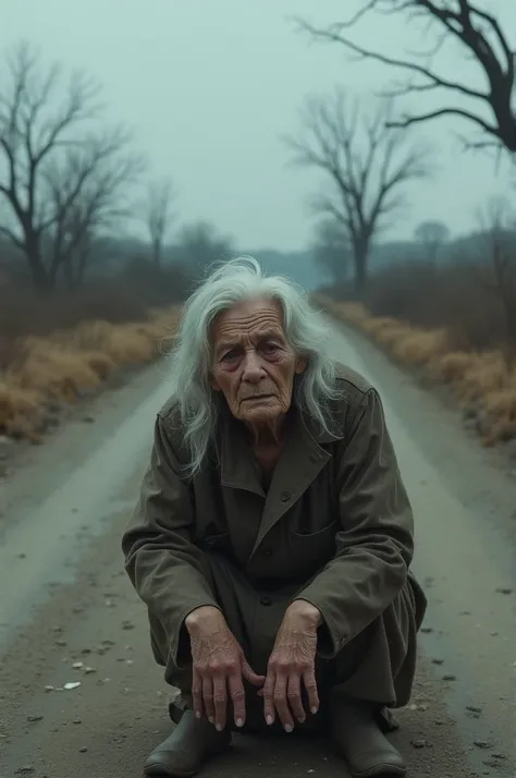 An old lady crying on a road
