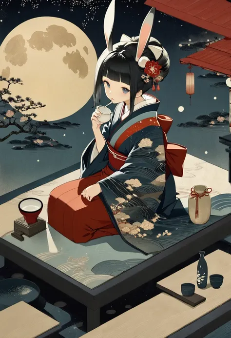 (masterpiece, best quality),(ukiyo-e style:1.5), subtle colors, post-grunge, concept art, paint splatters, intricate details. trends in art station, detailed depiction,(Kaguyahime and rabbits drinking sake at Tokkuri,sitting on moon surface), Japanese beau...